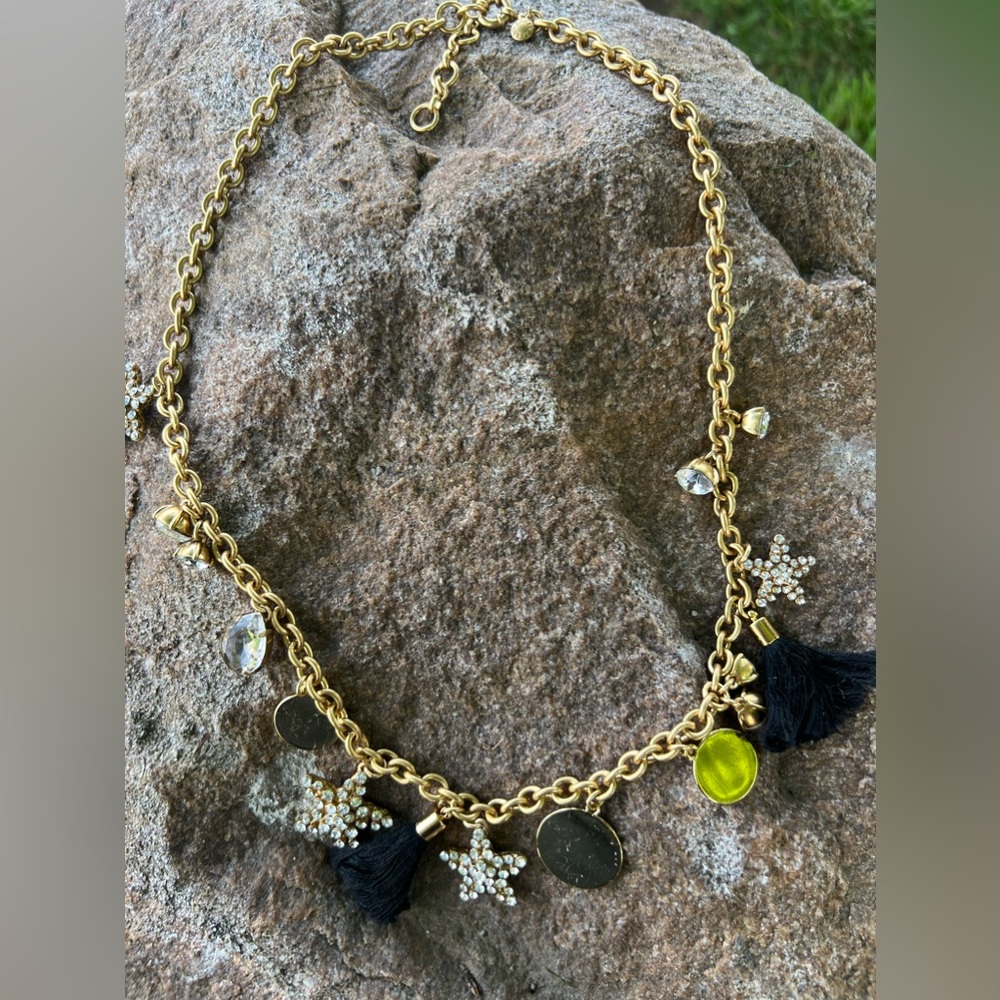 J.Crew Gold Tone Charm Necklace‎ Tassel Crystal Disc Starfish Statement Necklace